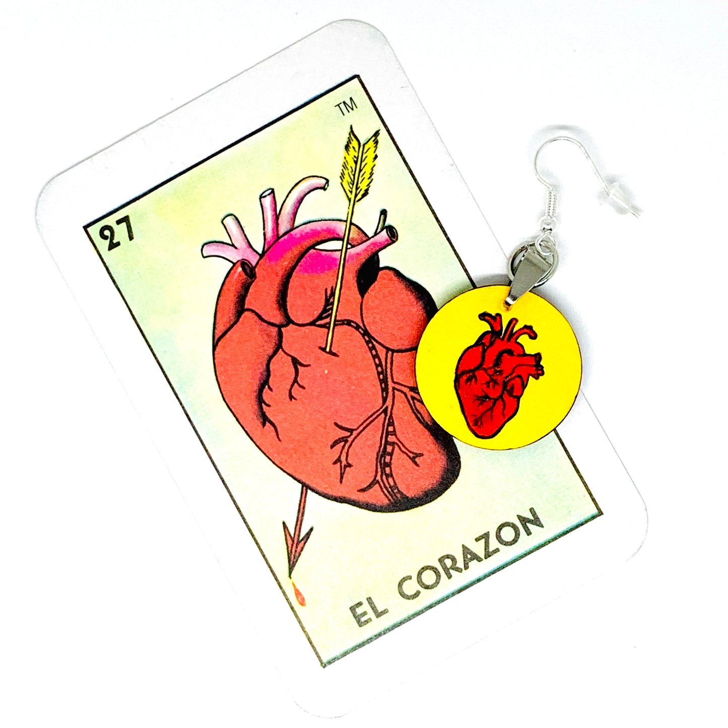 Heart Earrings: La Loteria el corazon Heart Earrings. Hand painted handmade Mexico Loteriart jewelry. Aretes de corazon pintados a mano de la Loteria Mexicana. Wearable Art. Mexico Folk Art to Wear by Fridamaniacs for Fridalovers. Frida Kahlo inspired jewelry for Girls