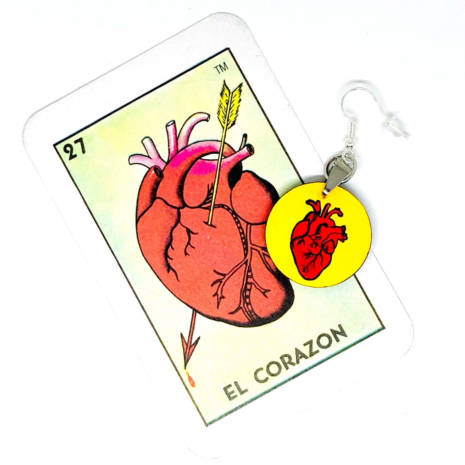 Heart Earrings: La Loteria el corazon Heart Earrings. Hand painted handmade Mexico Loteriart jewelry. Aretes de corazon pintados a mano de la Loteria Mexicana. Wearable Art. Mexico Folk Art to Wear by Fridamaniacs for Fridalovers. Frida Kahlo inspired jewelry for Girls
