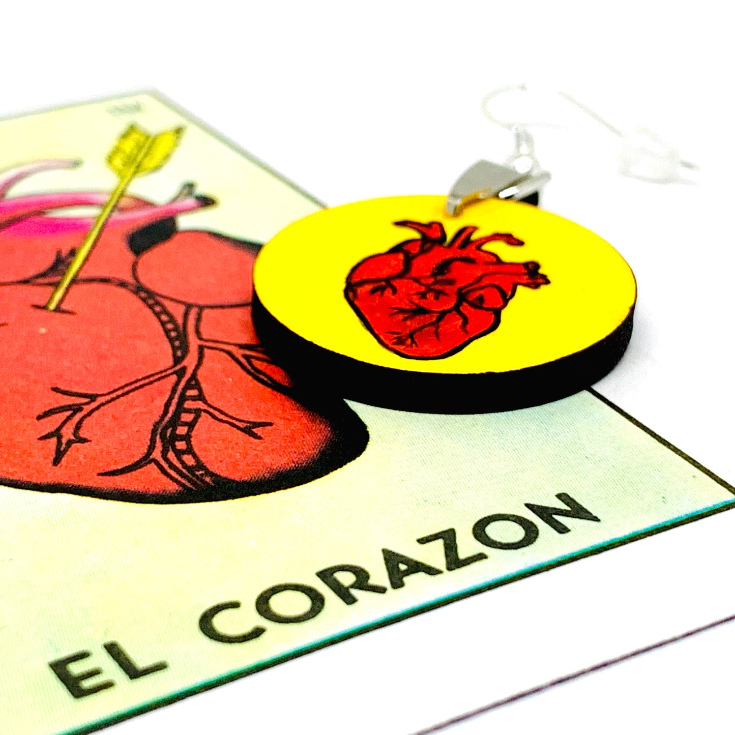 Heart Earrings: La Loteria el corazon Heart Earrings. Hand painted handmade Mexico Loteriart jewelry. Aretes de corazon pintados a mano de la Loteria Mexicana. Wearable Art. Mexico Folk Art to Wear by Fridamaniacs for Fridalovers. Frida Kahlo inspired jewelry for Girls