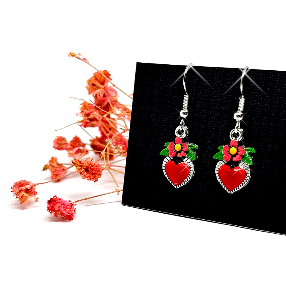 Hand painted heart and flower silver mexico earrings inspired by Frida Kahlo. Red heart, pink yellow and green acrylic paint