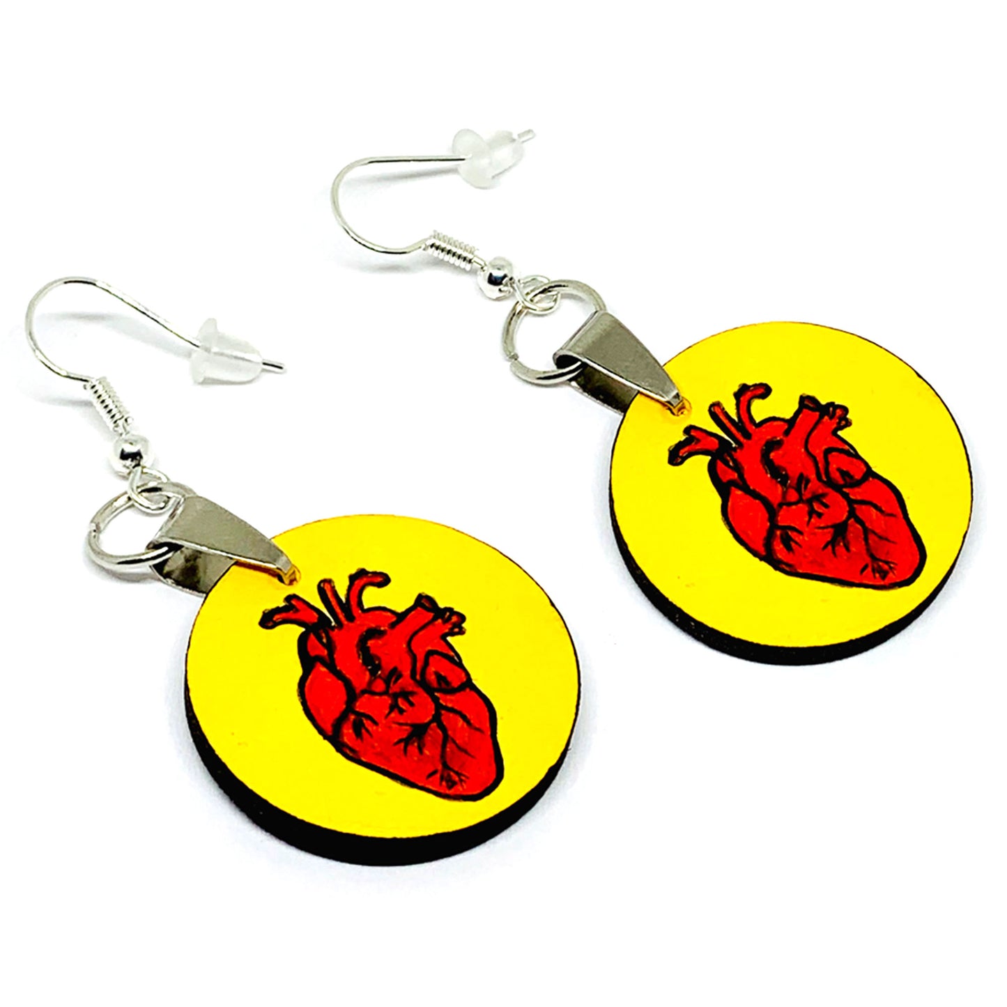 Heart Earrings: La Loteria el corazon Heart Earrings. Hand painted handmade Mexico Loteriart jewelry. Aretes de corazon pintados a mano de la Loteria Mexicana. Wearable Art. Mexico Folk Art to Wear by Fridamaniacs for Fridalovers. Frida Kahlo inspired jewelry for Girls
