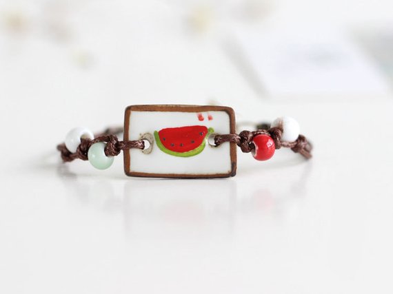 Watermelon Viva La Vida Frida Kahlo inspired ceramic clay handmade hand painted bracelet . Mexican jewelry