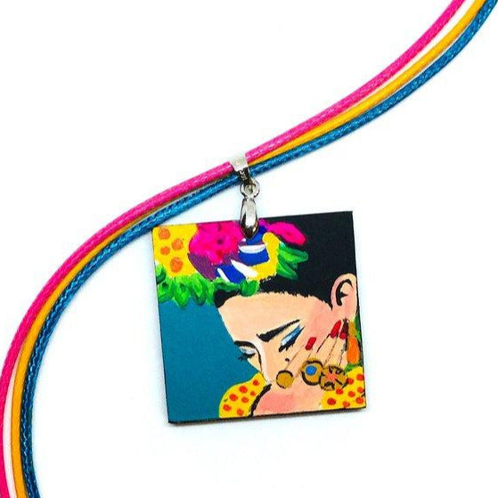 Frida Kahlo hand painted necklace pendant with colorful flowers and bright yellow dress. Wearable Art. Mexican Jewelry. Collar Pintado a mano