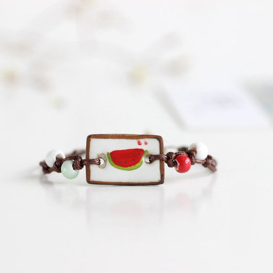 Watermelon Viva La Vida Frida Kahlo inspired ceramic clay handmade hand painted bracelet . Mexican jewelry
