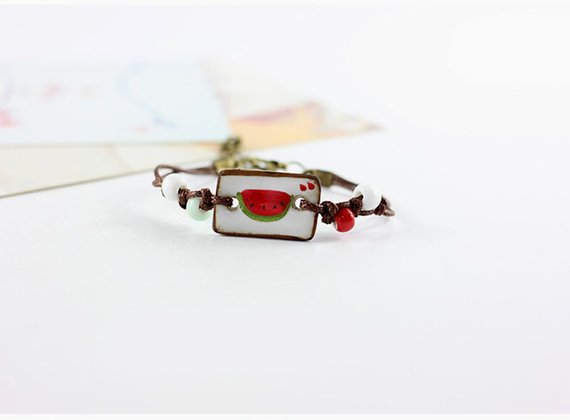 Watermelon Viva La Vida Frida Kahlo inspired ceramic clay handmade hand painted bracelet . Mexican jewelry