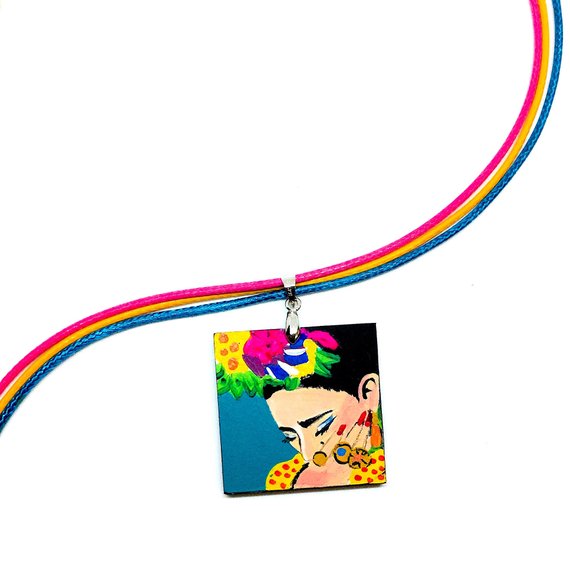 hand painted frida kahlo colorful necklace. Artwear. Mexican Jewelry