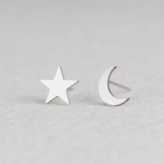Moon/Star Silver Stud Earrings