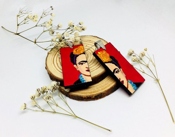 Frida Kahlo earrings hand painted red passion acrylic paint on wood rectangles. Mexican jewelry. Mexico folk art to wear.