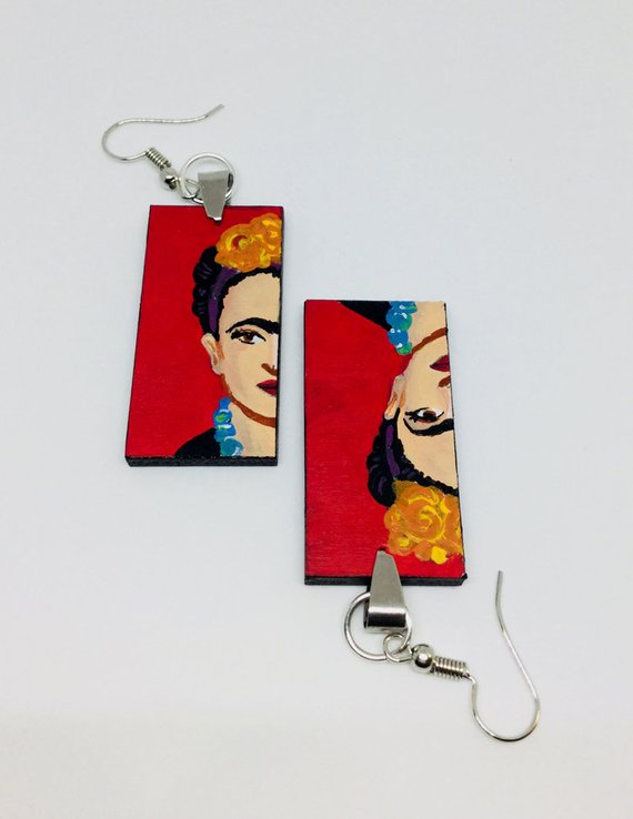 Frida Kahlo earrings hand painted red passion acrylic paint on wood rectangles. Mexican jewelry. Mexico folk art to wear.