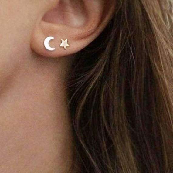 Moon/Star Silver Stud Earrings