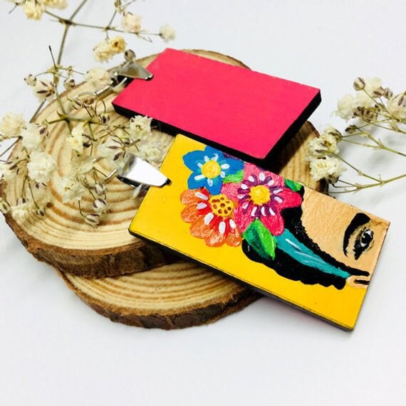 Yellow Frida Earrings Frida Inspired Earrings Hand Painted Wooden-Floral Earrings Women Earrings WearableArt MexicanJewelry Fridalovers Gift