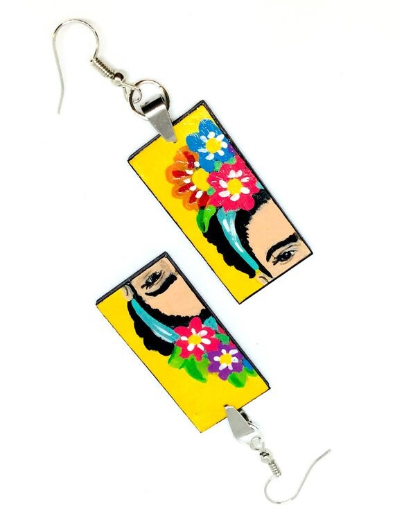 Yellow Frida Earrings Frida Inspired Earrings Hand Painted Wooden-Floral Earrings Women Earrings WearableArt MexicanJewelry Fridalovers Gift