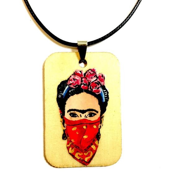 Feminist Frida Pendant Necklace Hand Painted Wooden Frida Necklace Wearable Art Women Frida Jewelry Artwear Mexican Jewelry Frida Art Gift