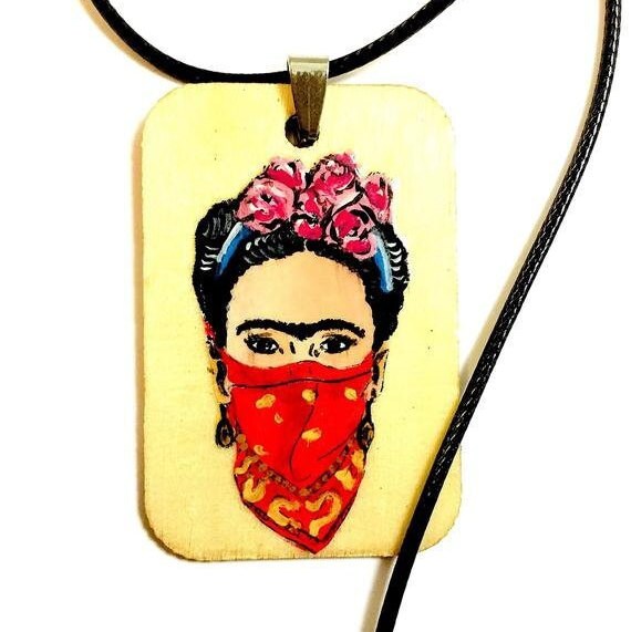 Feminist Frida Pendant Necklace Hand Painted Wooden Frida Necklace Wearable Art Women Frida Jewelry Artwear Mexican Jewelry Frida Art Gift