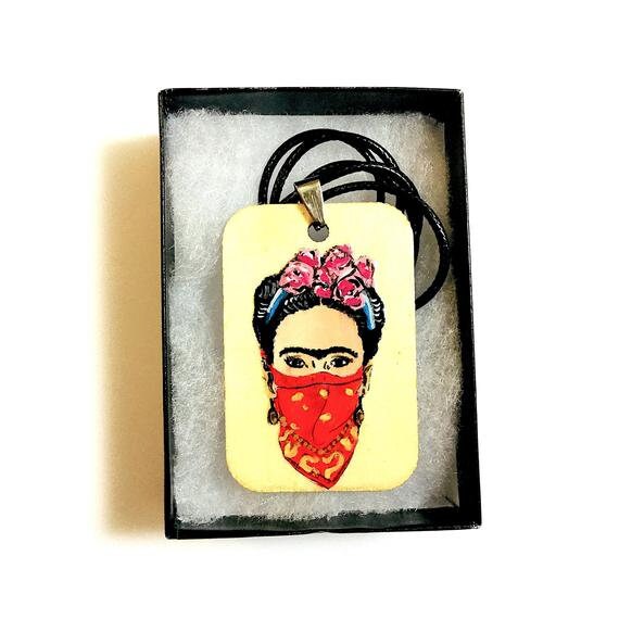 Feminist Frida Pendant Necklace Hand Painted Wooden Frida Necklace Wearable Art Women Frida Jewelry Artwear Mexican Jewelry Frida Art Gift