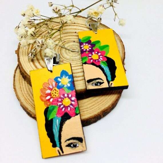 Yellow Frida Earrings Frida Inspired Earrings Hand Painted Wooden-Floral Earrings Women Earrings WearableArt MexicanJewelry Fridalovers Gift