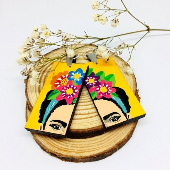 Yellow Frida Earrings Frida Inspired Earrings Hand Painted Wooden-Floral Earrings Women Earrings WearableArt MexicanJewelry Fridalovers Gift