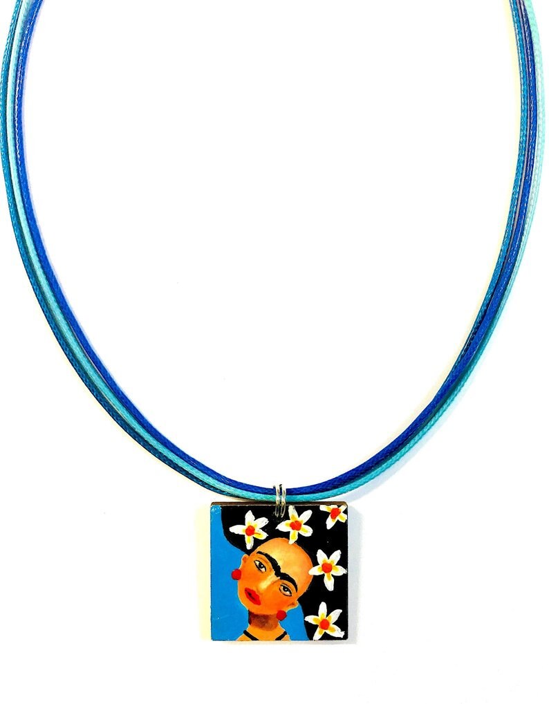Blue Frida Pendant Hand Painted Wooden Floral Frida Necklace Wearable Art Women Pendant Art to Wear MexicanJewelry Fridalovers Gift Birthday