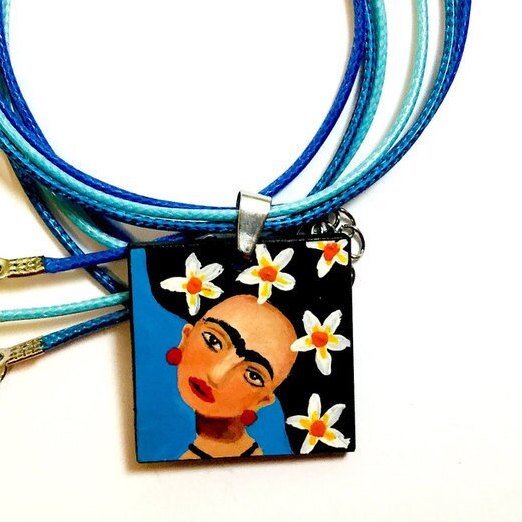 Blue Frida Pendant Hand Painted Wooden Floral Frida Necklace Wearable Art Women Pendant Art to Wear MexicanJewelry Fridalovers Gift Birthday