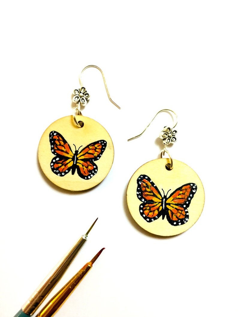 Butterfly Earrings Mexican Folk Art Jewelry HandPainted Wood Monarch Butterfly Earrings Women Dangle Earrings Aretes Mariposa Frida Inspired