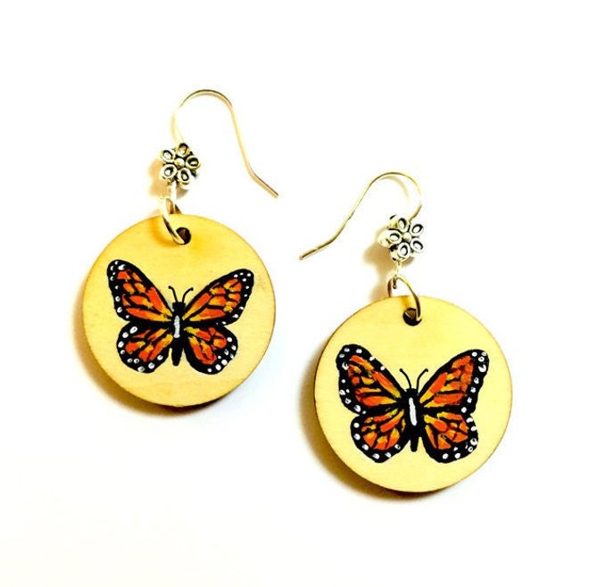 Butterfly Earrings Mexican Folk Art Jewelry HandPainted Wood Monarch Butterfly Earrings Women Dangle Earrings Aretes Mariposa Frida Inspired