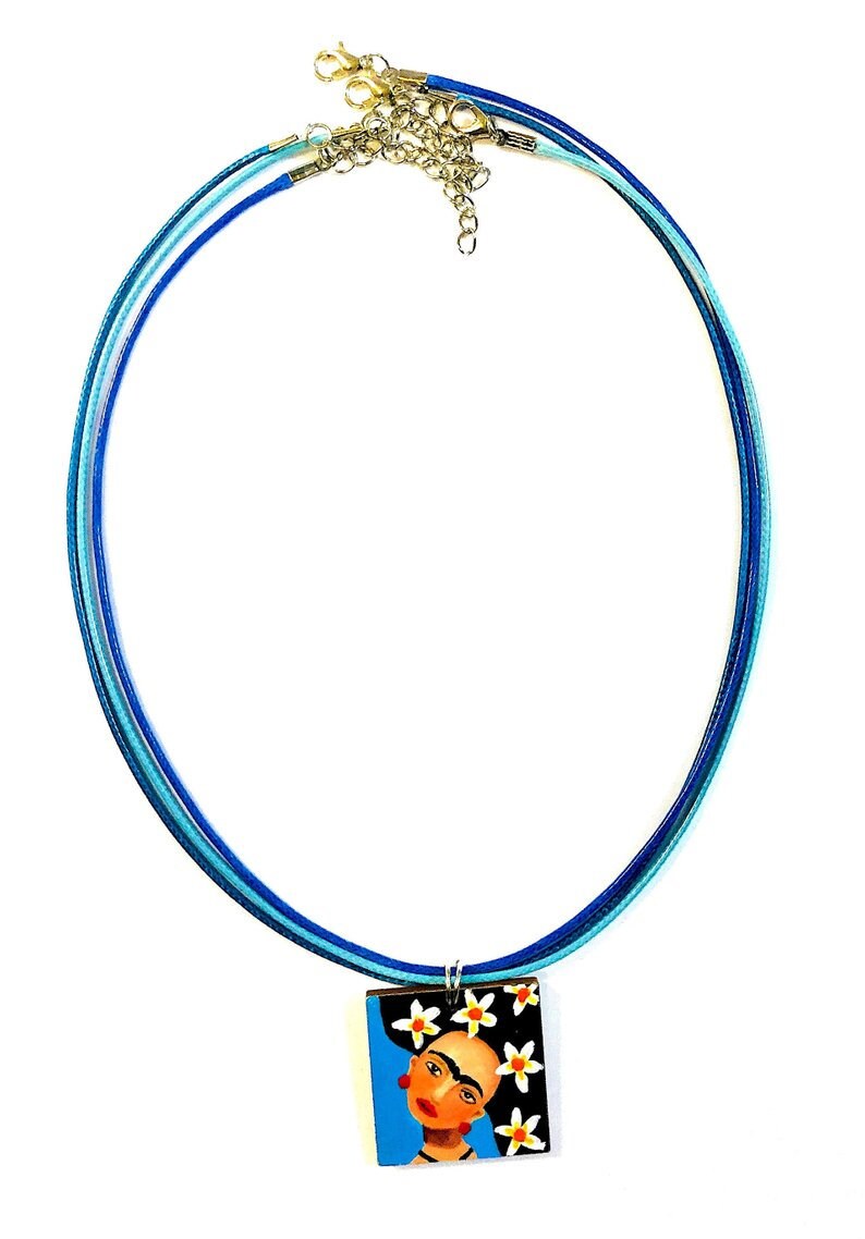 Blue Frida Pendant Hand Painted Wooden Floral Frida Necklace Wearable Art Women Pendant Art to Wear MexicanJewelry Fridalovers Gift Birthday