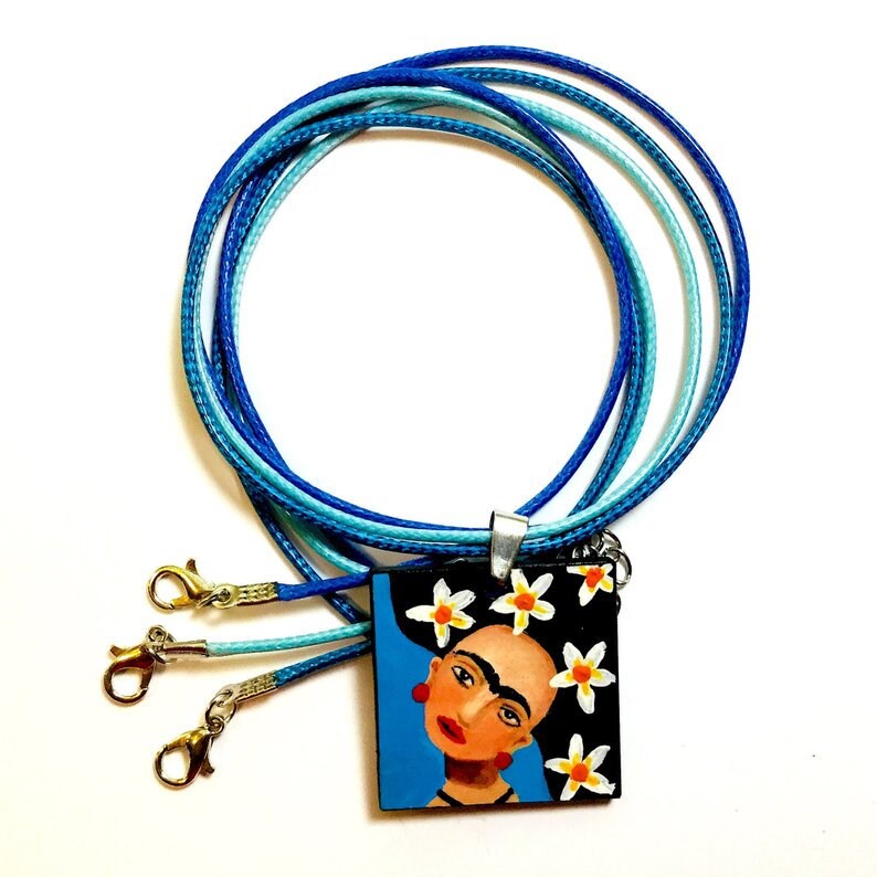 Blue Frida Pendant Hand Painted Wooden Floral Frida Necklace Wearable Art Women Pendant Art to Wear MexicanJewelry Fridalovers Gift Birthday
