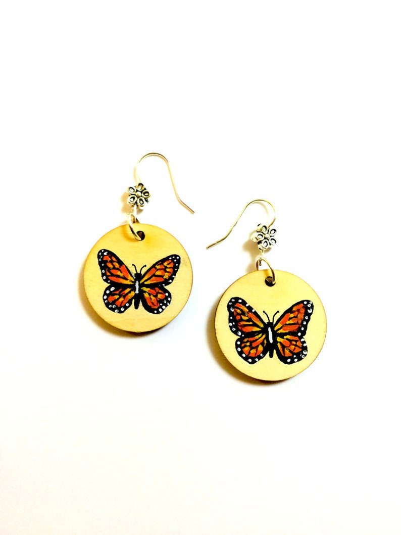 Butterfly Earrings Mexican Folk Art Jewelry HandPainted Wood Monarch Butterfly Earrings Women Dangle Earrings Aretes Mariposa Frida Inspired