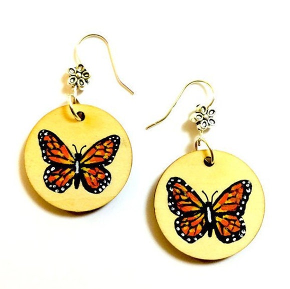 Butterfly Earrings Mexican Folk Art Jewelry HandPainted Wood Monarch Butterfly Earrings Women Dangle Earrings Aretes Mariposa Frida Inspired