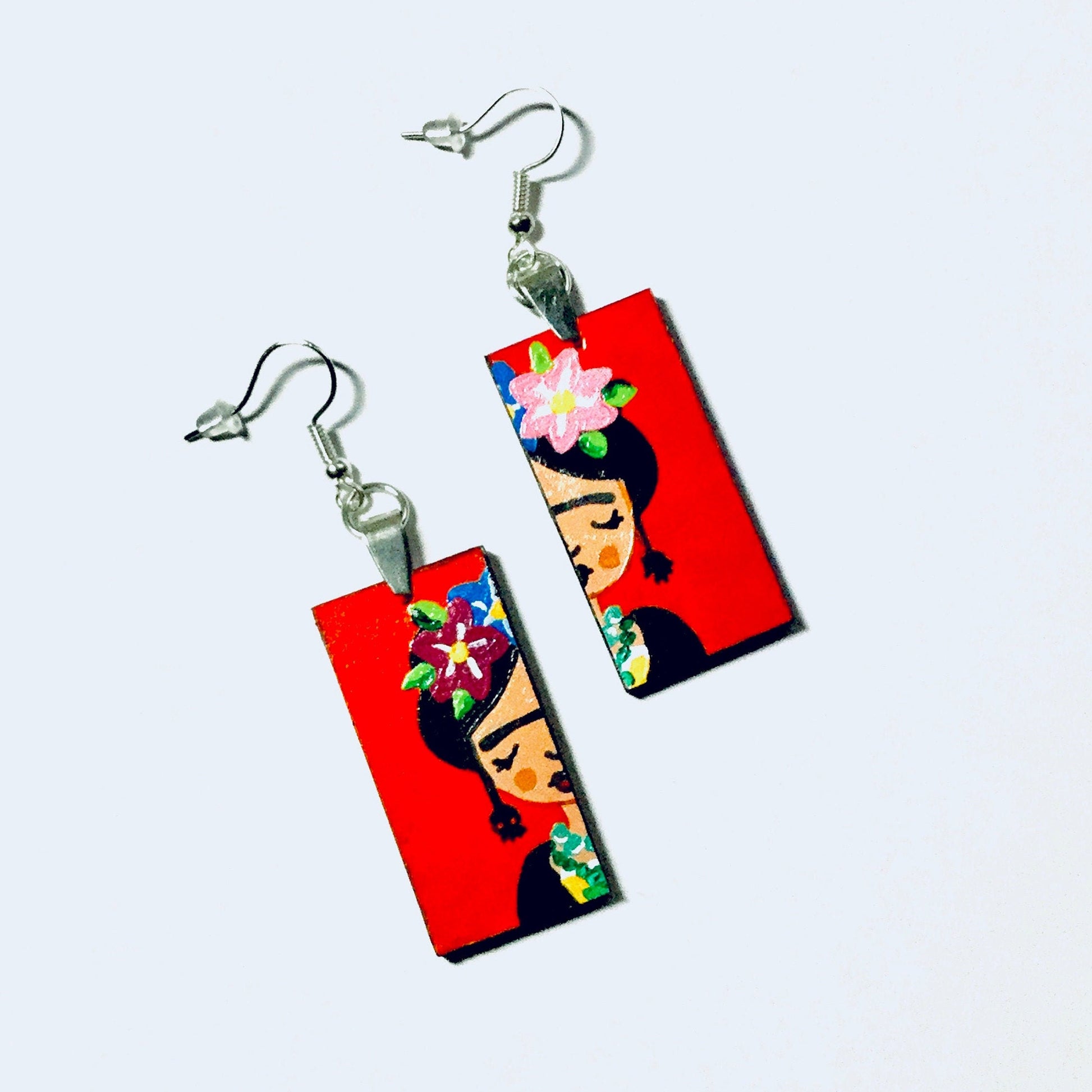 Red-Orange HandPainted Wooden Frida Earrings Women Dangle Drop Earrings Mexican Jewelry Wearable Art Fridalovers Girl Birthday Gift Present
