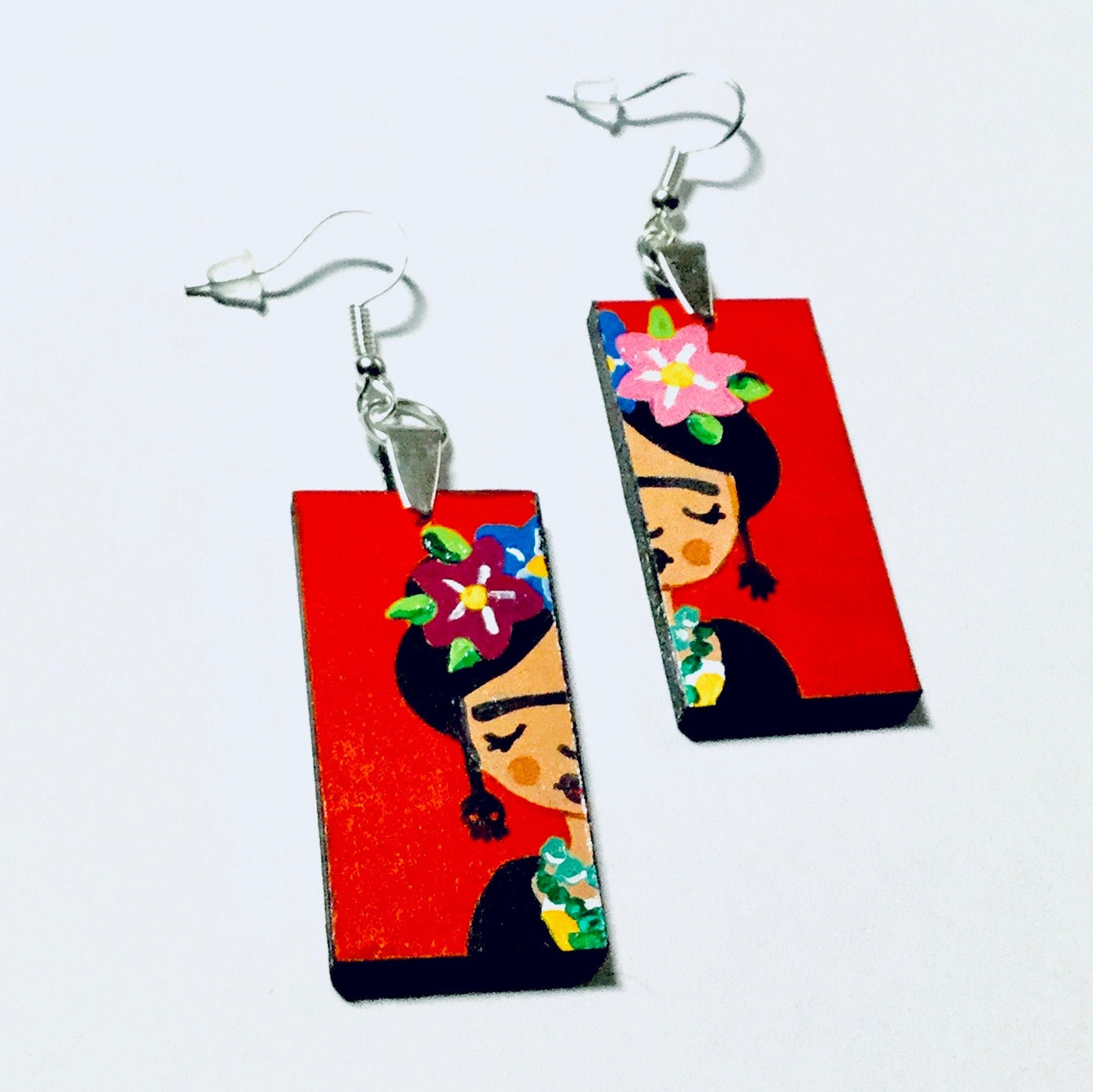 Red-Orange HandPainted Wooden Frida Earrings Women Dangle Drop Earrings Mexican Jewelry Wearable Art Fridalovers Girl Birthday Gift Present