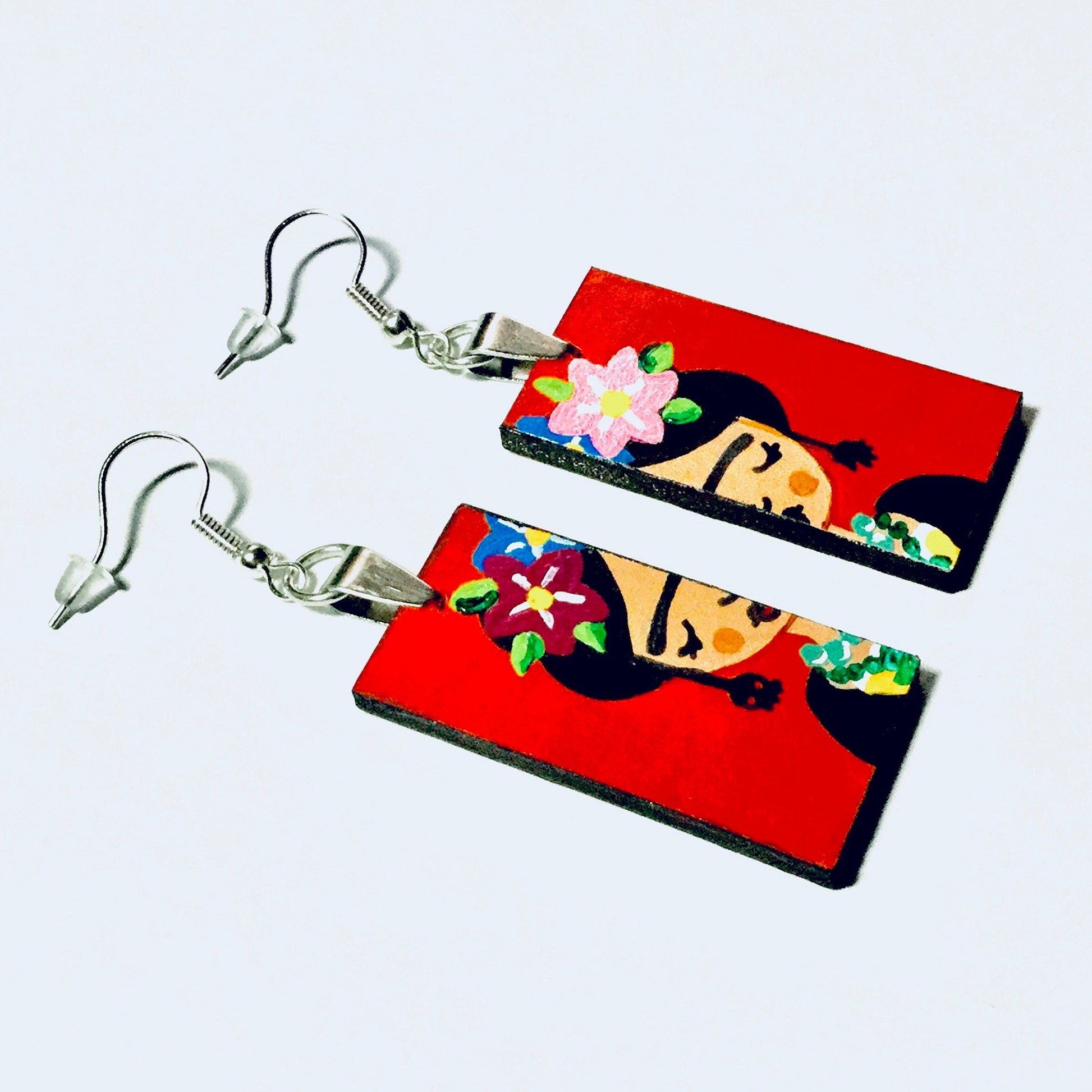 Red-Orange HandPainted Wooden Frida Earrings Women Dangle Drop Earrings Mexican Jewelry Wearable Art Fridalovers Girl Birthday Gift Present
