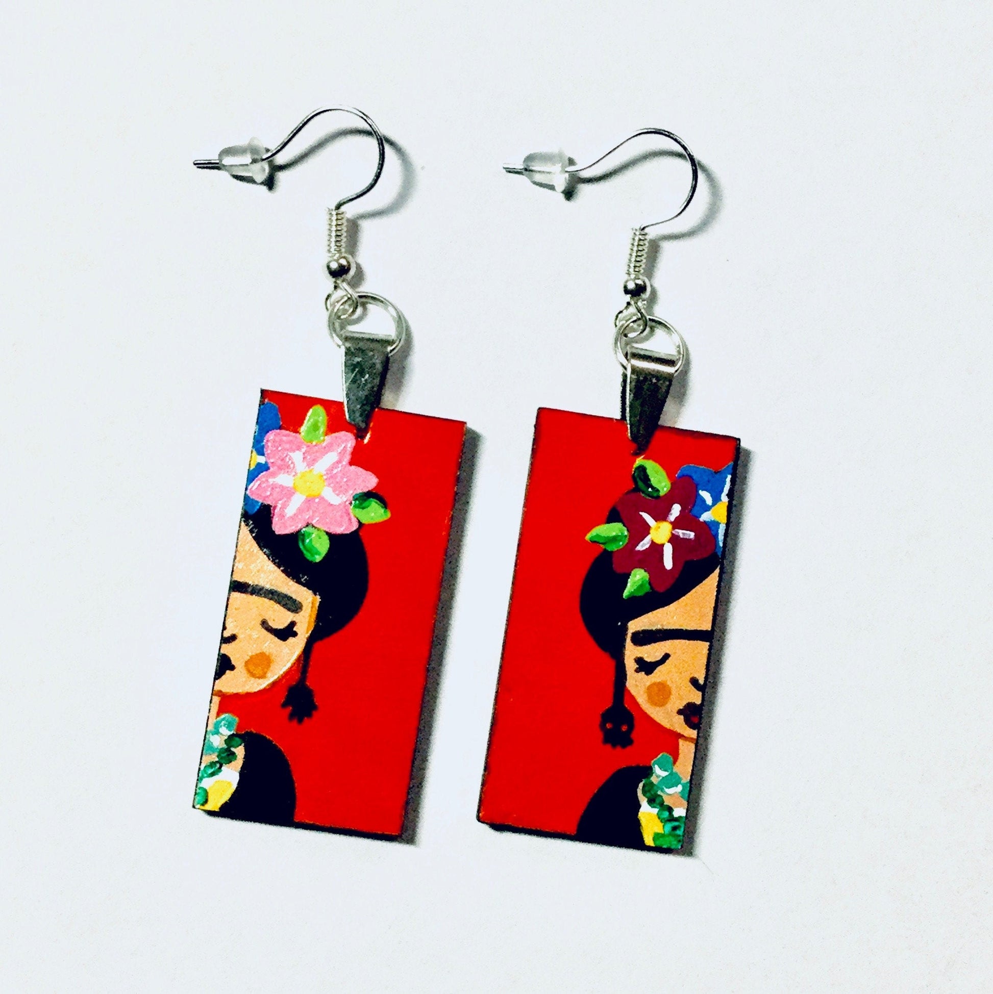 Red-Orange HandPainted Wooden Frida Earrings Women Dangle Drop Earrings Mexican Jewelry Wearable Art Fridalovers Girl Birthday Gift Present