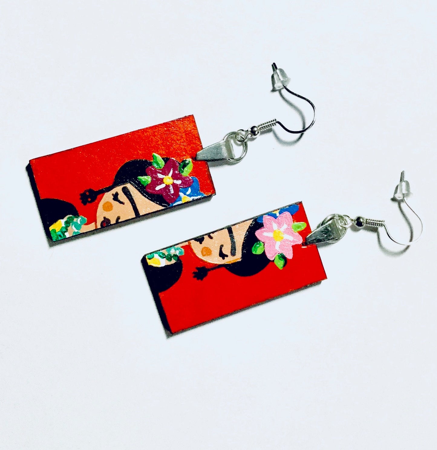 Red-Orange HandPainted Wooden Frida Earrings Women Dangle Drop Earrings Mexican Jewelry Wearable Art Fridalovers Girl Birthday Gift Present
