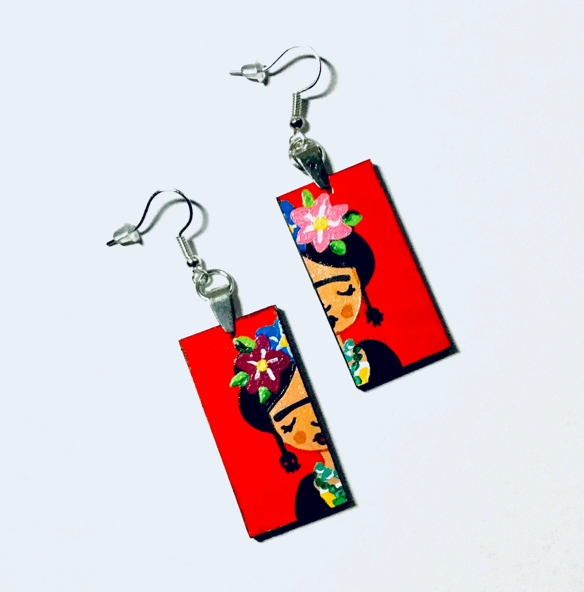 Red-Orange HandPainted Wooden Frida Earrings Women Dangle Drop Earrings Mexican Jewelry Wearable Art Fridalovers Girl Birthday Gift Present