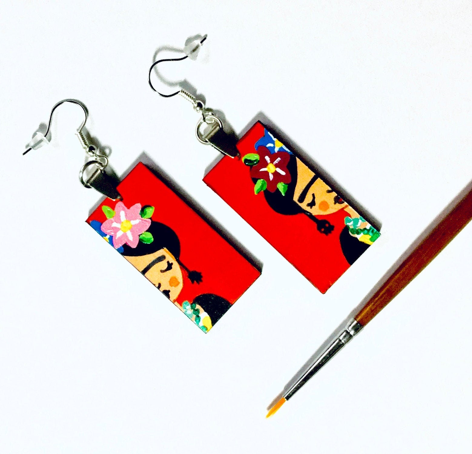 Red-Orange HandPainted Wooden Frida Earrings Women Dangle Drop Earrings Mexican Jewelry Wearable Art Fridalovers Girl Birthday Gift Present