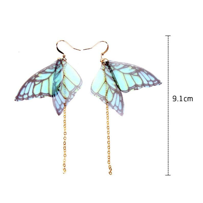 Butterfly Wings Earrings Handcrafted Gold Long Chain Translucid Silk Multi-Colored Butterfly Aretes Mariposa Mexican Jewelry Frida Inspired