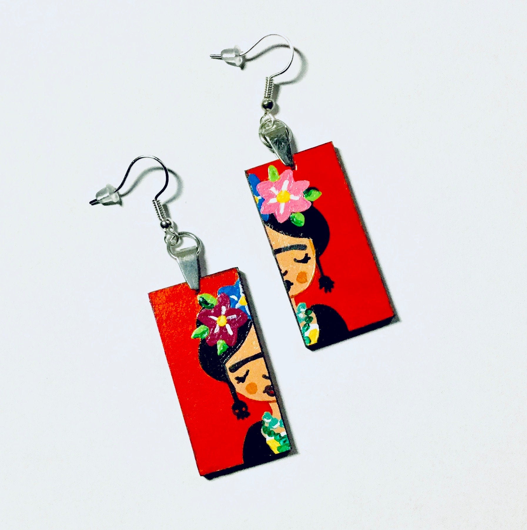 Red-Orange HandPainted Wooden Frida Earrings Women Dangle Drop Earrings Mexican Jewelry Wearable Art Fridalovers Girl Birthday Gift Present