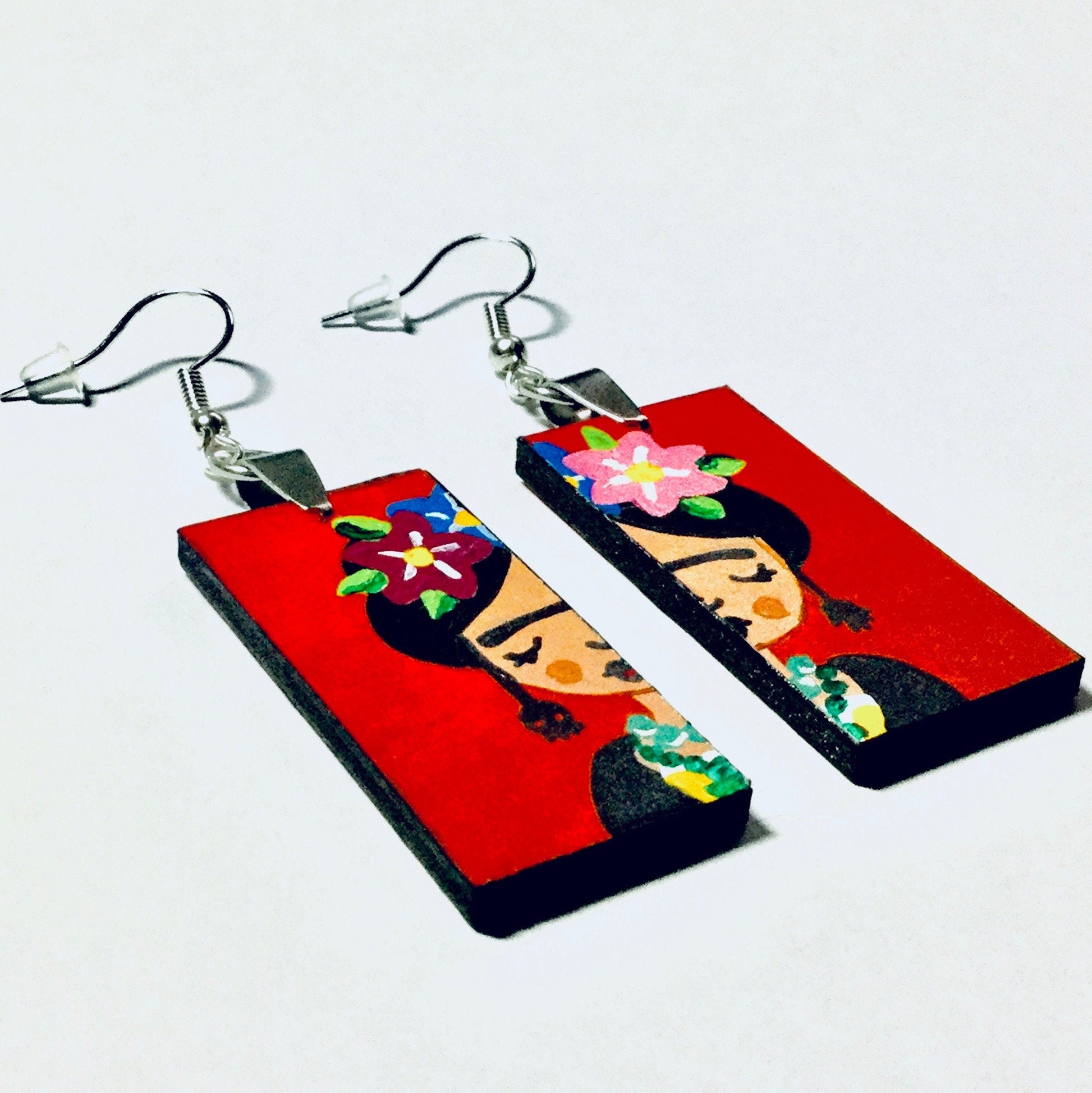 Red-Orange HandPainted Wooden Frida Earrings Women Dangle Drop Earrings Mexican Jewelry Wearable Art Fridalovers Girl Birthday Gift Present
