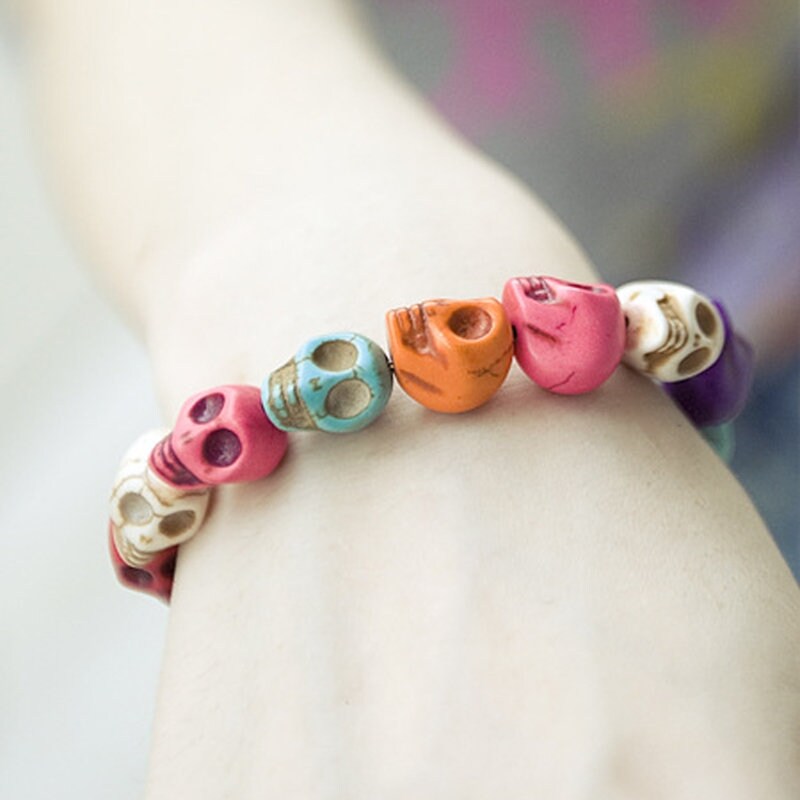 Skull Bracelet Set, Skull Beads Bracelets, Black skull Bracelet, Beige Skull Bracelet, Multicolor Skull Bracelet, Mexican Jewelry, Calaveras