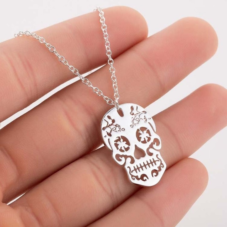 Silver Skull Pendant and Necklace, Women Skull Jewelry, Skull Pendant, Day of the Dead, Sugar Skull Pendant, Mexican Jewelry, Silver Skull