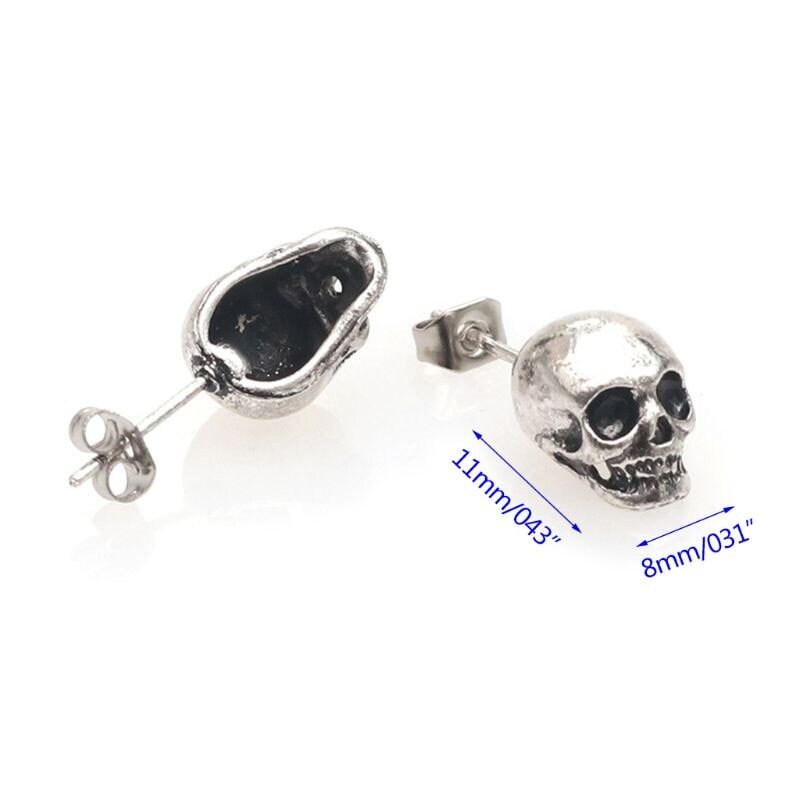 Antique Silver Stud Skull Earrings for Women and Men Dark Gothic Fashion Style Halloween Day of the Dead Original Gift Calavera Aretes Mujer