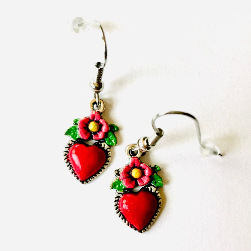 Frida Earrings, Heart Earrings, Hand Painted Heart Earrings, Silver HandPainted Heart Earrings, Mexican Jewelry, Corazon Aretes, Heart Charm