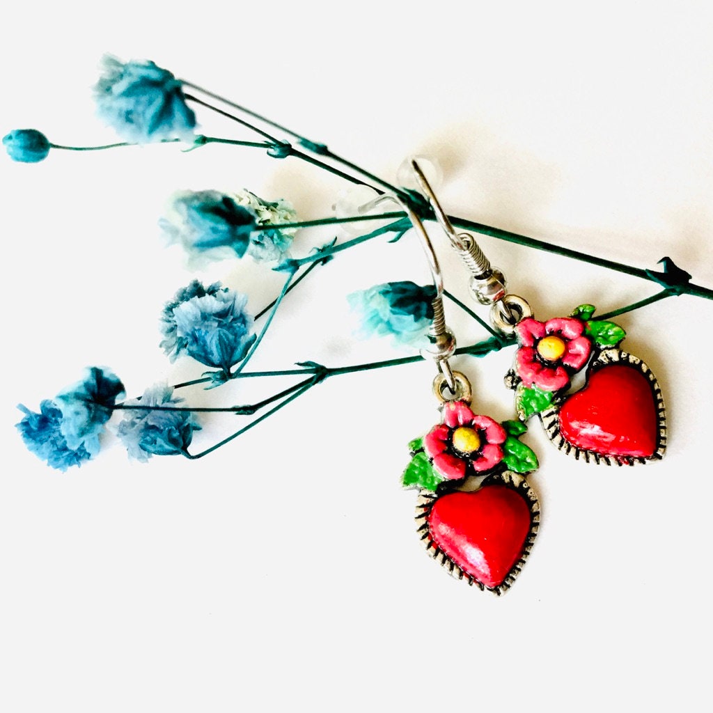 Frida Earrings, Heart Earrings, Hand Painted Heart Earrings, Silver HandPainted Heart Earrings, Mexican Jewelry, Corazon Aretes, Heart Charm
