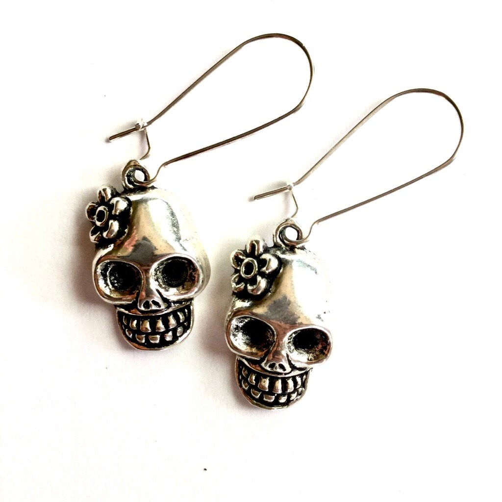 Silver Skull Earrings, Skeleton Earrings, Flowered Skull Earrings, Mexican Jewelry Skull with Flower Earrings, Women Earrings, Girl Earrings