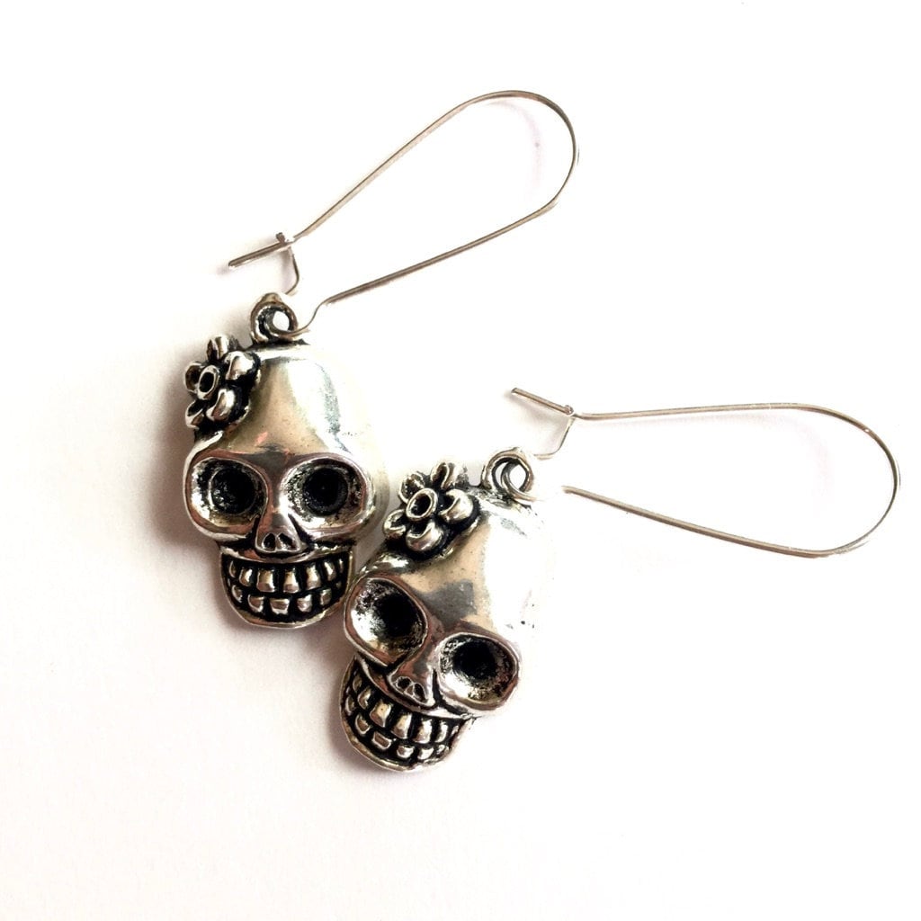 Silver Skull Earrings, Skeleton Earrings, Flowered Skull Earrings, Mexican Jewelry Skull with Flower Earrings, Women Earrings, Girl Earrings