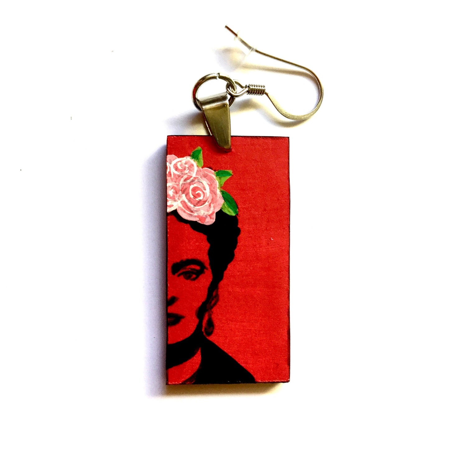 Red Stencil Frida Earrings Artwear Frida Inspired Earrings Hand Painted Wooden Dangle Drop Earrings Mexican Jewelry Fridalovers Wearable Art