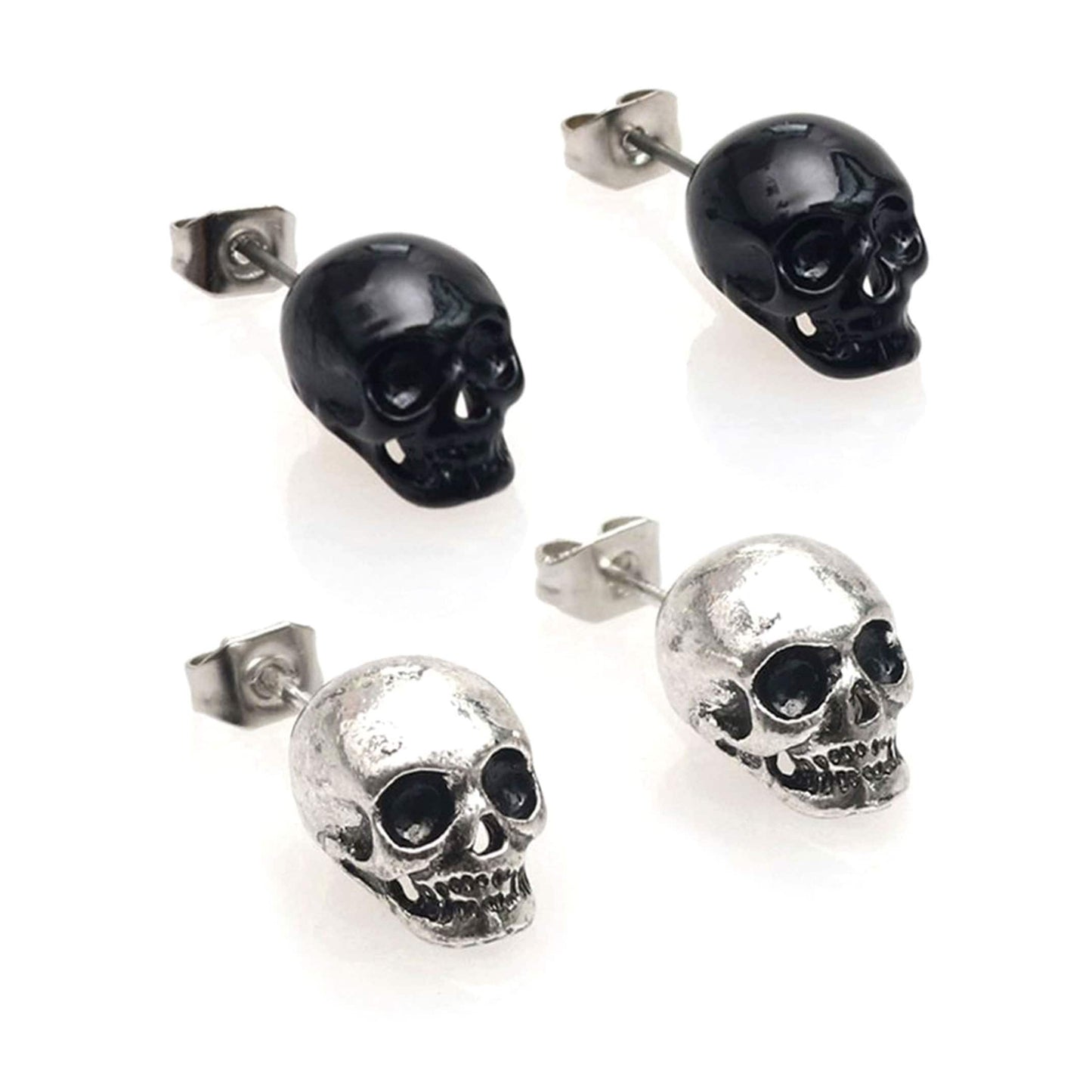 Unisex Skull Earrings Punk - Tattoos Fashion Rock & Roll Metallic Stud Antique Rustic Silver or Black Skull Head Earrings for Women and Men