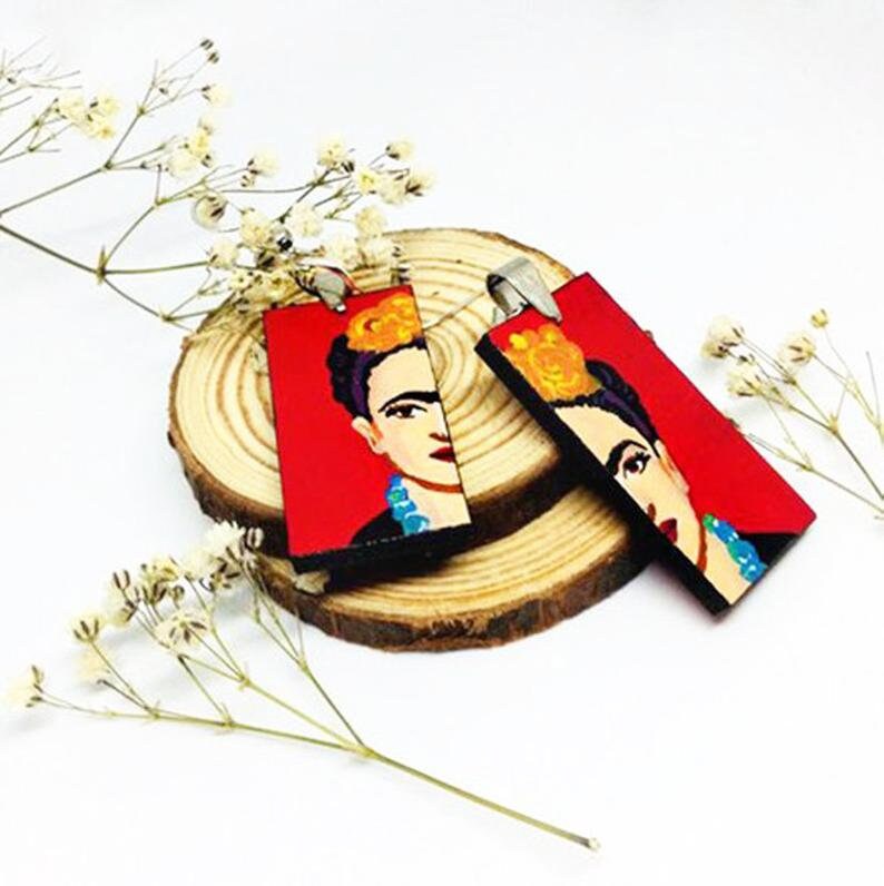 Eye-Catching Red Frida Earrings Mexican Jewelry Inspired for Women Hand Painted Wooden Drop Dangle Earrings Fridalovers Mexico Wearable Art