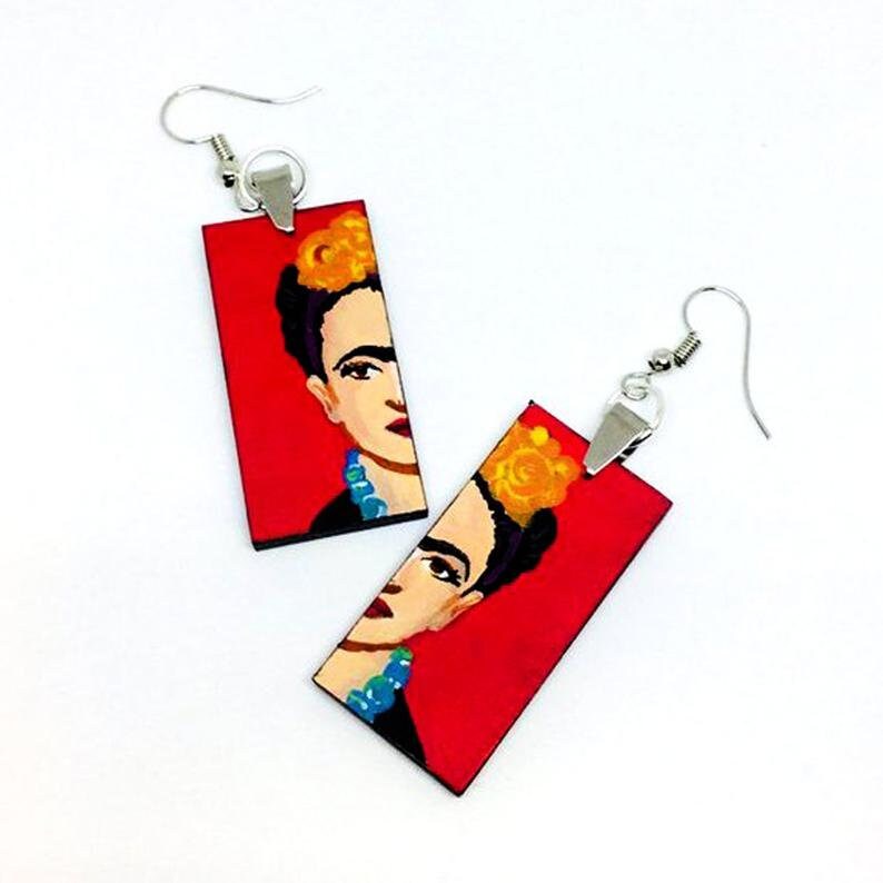 Eye-Catching Red Frida Earrings Mexican Jewelry Inspired for Women Hand Painted Wooden Drop Dangle Earrings Fridalovers Mexico Wearable Art
